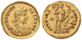 Onorio (393-423) Solido (Mediolanum) Busto diademato a d. - R/ L’imperatore stante a d. calpesta un nemico - RIC 1206c AU (g 4,46) Colpetto al ciglio ...