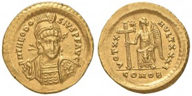 Teodosio II (402-450) Solido (Costantinopoli) Busto elmato con lancia e scudo di fronte - R/ La Vittoria stante a s. - RIC 225 AU (g 4,49) R Colpetto ...