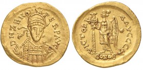 Zenone (476-491) Solido (Costantinopoli) Busto elmato con lancia e scudo di fronte - R/ La Vittoria stante a s. - RIC 910 AU (g 4,43) 

BB+