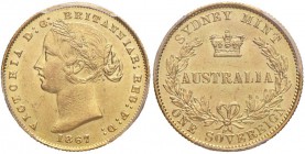 AUSTRALIA Vittoria (1837-1901) Sterlina 1867 - Fr. 10 AU In slab PCGS MS62. Grading introvabile per questo tipo di moneta

FDC