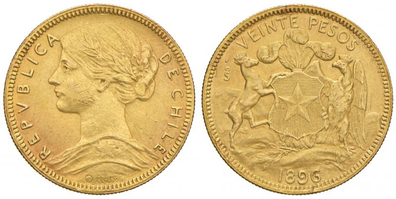 CILE 20 Pesos 1896 - Fr. 51 AU (g 12,00) Graffi e colpo al bordo

BB