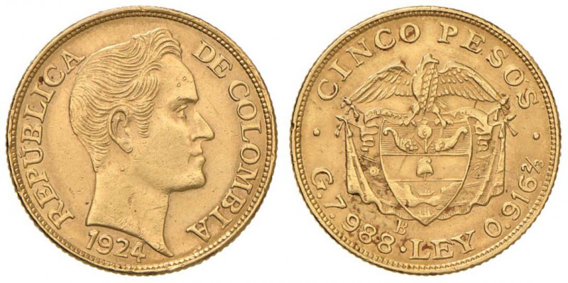 COLOMBIA 5 Pesos 1924 - Fr. 115 AU (g 8,07) Colpetto al bordo

BB