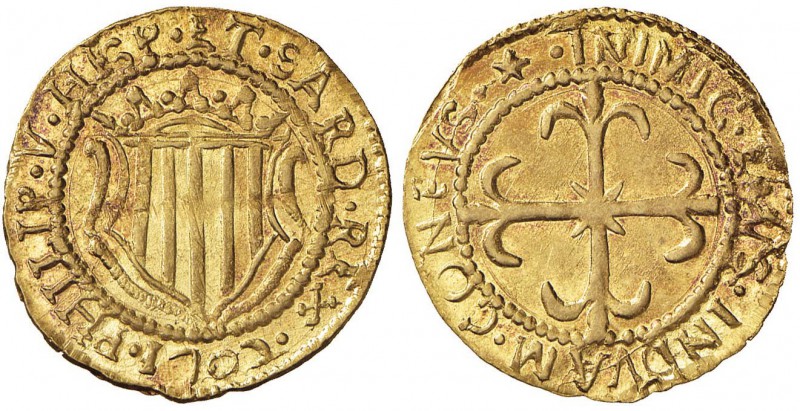CAGLIARI Filippo V (1700-1719) Scudo d’oro 1702 - MIR 93/2 AU (g 3,20) Difetto d...