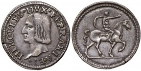FERRARA Ercole I (1471-1505) Testone col cavaliere - MIR 253 AG (g 9,54) RR Una piccola frattura del tondello, esemplare di bello stile con una patina...