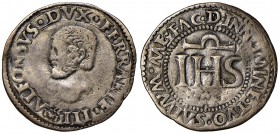 FERRARA Alfonso I (1505-1534) 5 Soldi con le lettere IHS - MIR 282 AG (g 2,40) RRRR Foro abilmente otturato, comunque ancora un buon esemplare di ques...