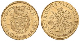 LIVORNO Cosimo III (1670-1723) Mezza pezza d’oro della rosa 1718 - MIR 71 AU (g 3,45) RRRR Questa moneta, di pregevolissima conservazione, costituisce...