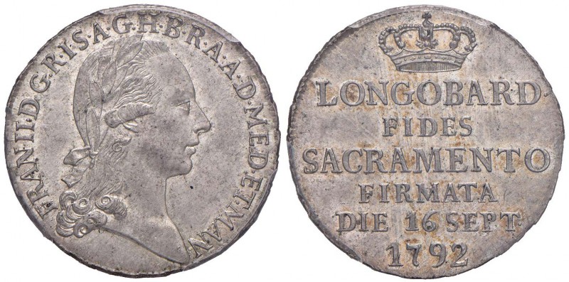 MILANO Francesco II (1792-1796) Lira del Giuramento 1792 - MIR 469 AG In slab PC...