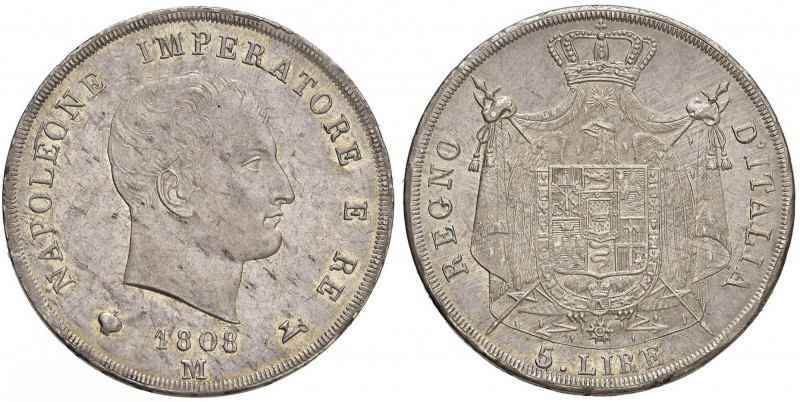 MILANO Napoleone (1805-1814) 5 Lire 1808 Puntali aguzzi - Pag. 26a AG (g 24,97) ...