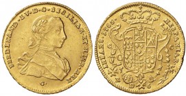 NAPOLI Ferdinando IV (1759-1799) 6 Ducati 1765 sigla G, 5 ribattuto su 4 - Magliocca 193a AU (g 8,81) R Screpolatura al bordo. Raro in questa conserva...