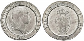 NAPOLI Ferdinando IV (1799-1805) Piastra 1805 Capelli lisci - Magliocca 391 AG (g 27,55) Modesti graffietti di conio al R/ ma esemplare di eccezionale...