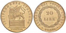VENEZIA Governo Provvisorio (1848) 20 Lire 1848 - Gig. 1 AU RR In slab PCGS MS63. Conservazione eccezionale con i fondi praticamente speculari 

FDC