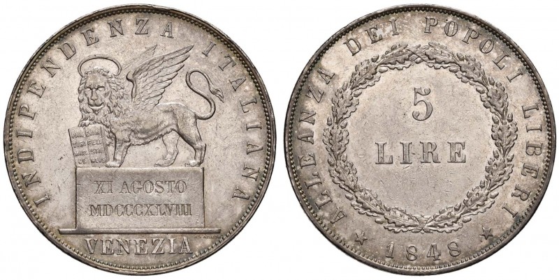 VENEZIA Governo Provvisorio (1848) 5 Lire 1848 XI Agosto - Gig. 3 AG (g 25,00) C...