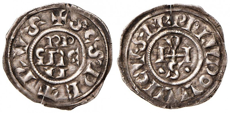 Gregorio IV (827-844) e Ludovico I (827-844) Denaro - Munt. 2 AG (g 1,52) RRR Am...