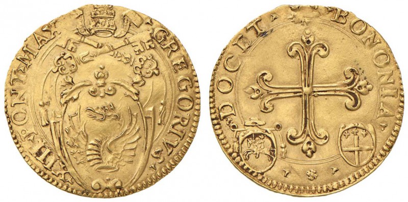 Gregorio XIII (1572-1585) Bologna - Scudo d’oro con armetta Sangiorgi - Munt. 35...