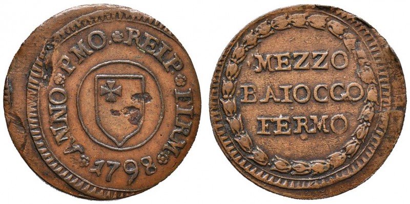 Repubblica Romana (1798-1799) Fermo - Mezzo baiocco - Bruni 10 CU (g 4,64) RR Sc...