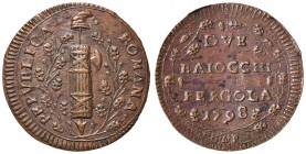 Repubblica Romana (1798-1799) Pergola - 2 Baiocchi 1798 lettere A P in basso al R/ - Bruni 7 (indicata come rarissima) CU (g 12,39) RRR Moneta assai r...