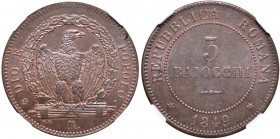 Repubblica romana (1848-1849) 3 Baiocchi 1849 di 2° tipo - Nomisma 355 CU In slab NGC MS66BN. Conservazione eccezionale in rame rosso

FDC