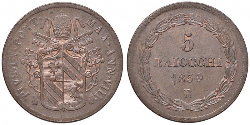 Pio IX (1846-1878) 5 Baiocchi 1854 A. VIII - Nomisma 547 CU (g 39,39) Zone di ra...