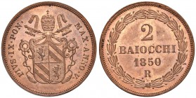 Pio IX (1846-1878) 2 Baiocchi 1850 A. V - Nomisma 557 CU (g 20,40) Conservazione eccezionale in rame rosso lucente

FDC
