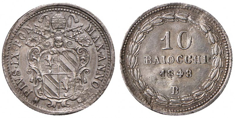 Pio IX (1846-1878) Bologna - 10 Baiocchi 1848 A. II - Nomisma 474 AG (g 2,66) RR...