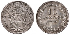 Pio IX (1846-1878) Bologna - 10 Baiocchi 1848 A. II - Nomisma 474 AG (g 2,66) RRRR Schiacciature

BB