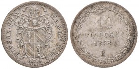 Pio IX (1846-1878) Bologna - 10 Baiocchi 1858 A. XIII - Nomisma 487 AG (g 2,84) RR

BB