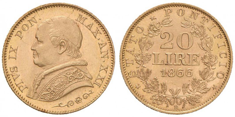 Pio IX (1846-1878) 20 Lire 1866 A. XXI - Nomisma 626 AU (g 6,47) Conservazione e...