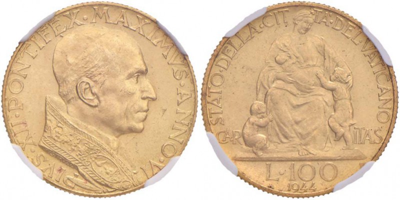 Pio XII (1939-1958) 100 Lire 1944 A. VI - Nomisma 720 AU (g 5,21) RR In slab NGC...