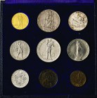 Pio XII (1939-1958) Divisionale 1939 - Nomisma 735 AU, AG, NI, CU R Lotto di nove monete in astuccio (angolo abraso). Il 100 Lire è SPL 

SPL-FDC