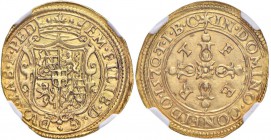 SAVOIA Emanuele Filiberto (1553-1580) Scudo d’oro 1570 T sigla IBC - MIR 496f AU (g 3,30) RR In slab NGC MS62. Splendido esemplare dagli alti rilievi...