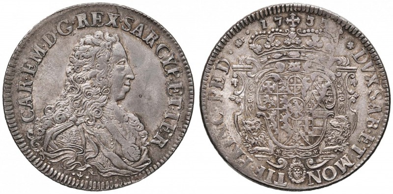 Carlo Emanuele III (1730-1773) Scudo 1733 - Nomisma 16; MIR 925a AG (g 29,84) RR...