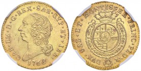 Carlo Emanuele III (1730-1773) Mezza doppia 1768 - Nomisma 142 (indicata R/3); MIR 944n AU (g 4,80) RRR In slab NGC MS65. Conservazione eccezionale 
...
