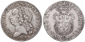 Carlo Emanuele III (1730-1773) Monetazione per la Sardegna - Mezzo scudo sardo 1769 - Nomisma 244 AG (g 11,74) RR Modesti depositi

BB+