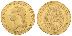 Vittorio Amedeo III (1773-1796) Quarto di doppia 1773 - Nomisma 319 (indicato R/4); MIR 985a AU (g 2,44) RRRR Nominale di grande rarità e di qualità i...