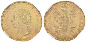 Carlo Emanuele IV (1796-1802) Doppia 1797 - Nomisma 474; MIR 1010a AU R In slab NGC MS62. Minimi graffietti di conio ma splendido esemplare

qFDC