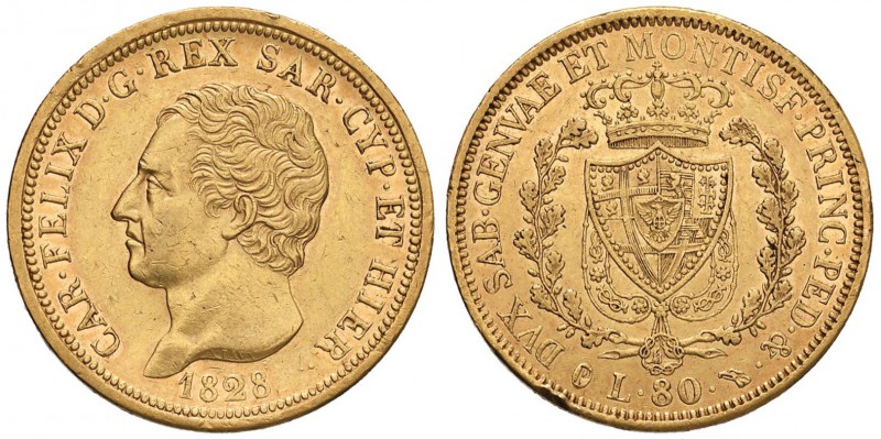 Carlo Felice (1821-1831) 80 Lire 1828 T P - Nomisma 530 AU RRR Colpo al bordo ma...