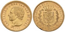 Carlo Felice (1821-1831) 80 Lire 1828 T P - Nomisma 530 AU RRR Colpo al bordo ma esemplare di grande qualità per questo millesimo, bei fondi

SPL+