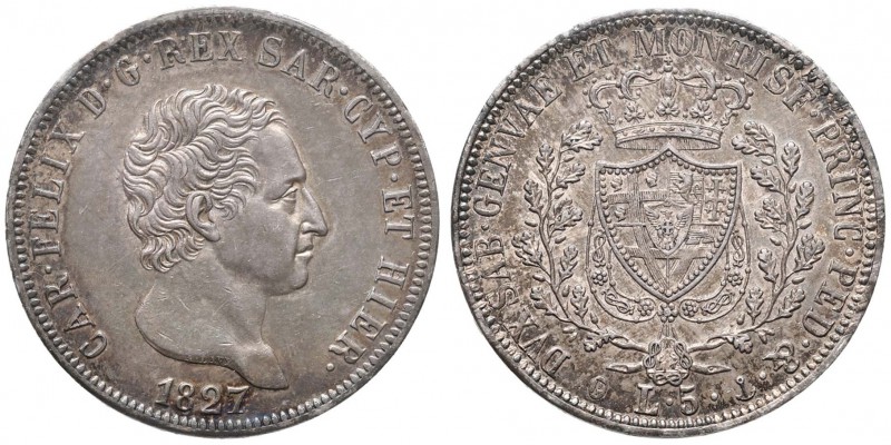 Carlo Felice (1821-1831) 5 Lire 1827 G - Nomisma 566 AG Sigillato SPL/qFDC “bell...