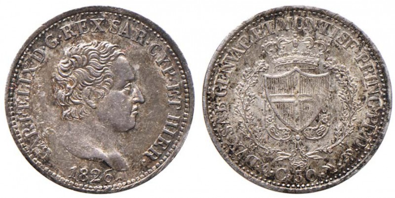 Carlo Felice (1821-1831) 50 Centesimi 1826 T L - Nomisma 602 AG Sigillato SPL/qF...