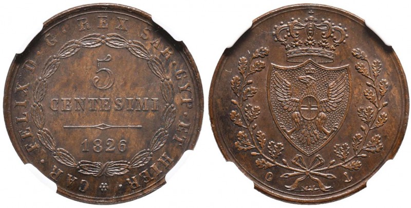 Carlo Felice (1821-1831) 5 Centesimi 1826 G (P) - Nomisma 614 CU In slab NGC MS6...