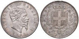 Vittorio Emanuele II (1861-1878) 5 Lire 1873 R - Nomisma 895; Pag. 497 AG RRR Graffietto sullo stemma al R/ e colpetti al bordo, bella patina sui fond...