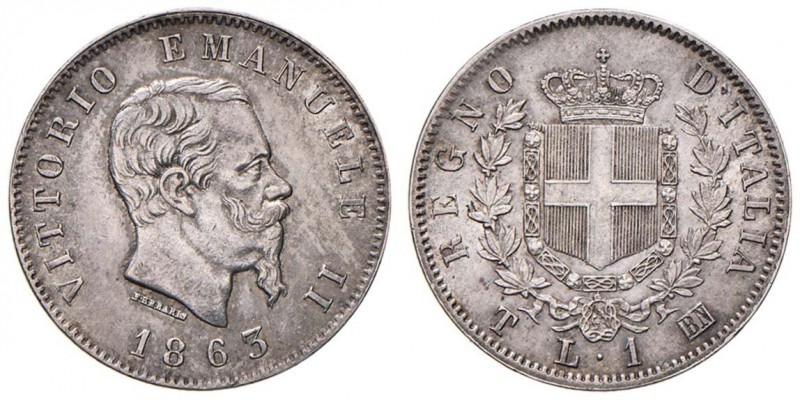 Vittorio Emanuele II (1861-1878) Lira 1863 T stemma - Nomisma 914 AG R Bella pat...