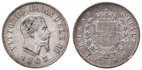 Vittorio Emanuele II (1861-1878) 50 Centesimi 1863 T stemma - Nomisma 924 AG R Graffietto al D/

SPL