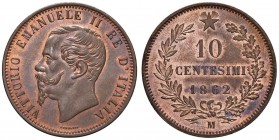 Vittorio Emanuele II (1861-1878) 10 Centesimi 1862 M - Nomisma 938 CU Conservazione eccezionale col rame rosso brillante

FDC