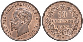 Vittorio Emanuele II (1861-1878) 10 Centesimi 1862 M - Nomisma 938 CU Conservazione eccezionale con riflessi di rame rosso

FDC