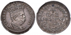 Umberto I (1878-1900) Eritrea - 2 Lire 1896 - Nomisma 1040 AG R In slab PCGS AU50 “broadstruck”. Bella patina per questo interessante errore di zecca,...