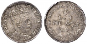 Umberto I (1878-1900) Eritrea - Lira 1896 - Nomisma 1043 AG RR In slab PCGS MS65. Un vero gioiello numismatico con delicata patina iridescente 

FDC