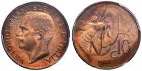 Vittorio Emanuele III (1900-1946) 10 Centesimi 1921 - Nomisma 1312 CU In slab PCGS MS66RB. Conservazione eccezionale in rame rosso 

FDC