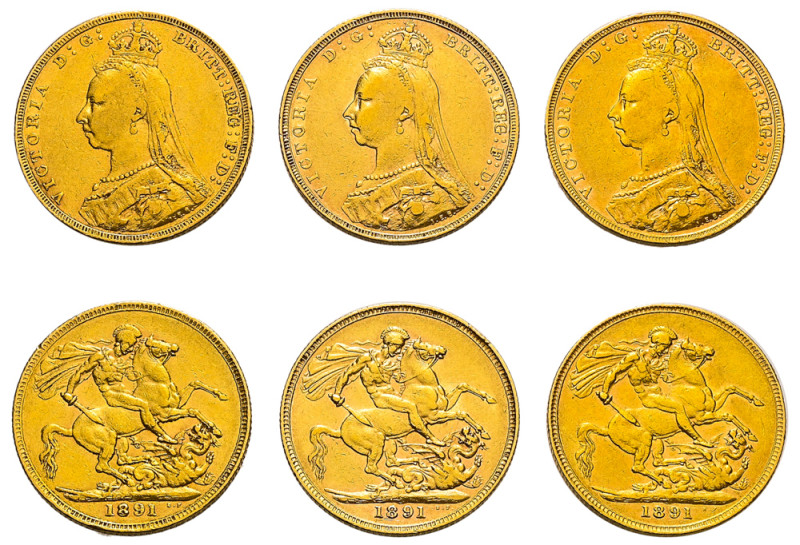 Great Britain, Victoria, 1837-1901. Lot of AV Sovereigns (3), 1891, London mint,...