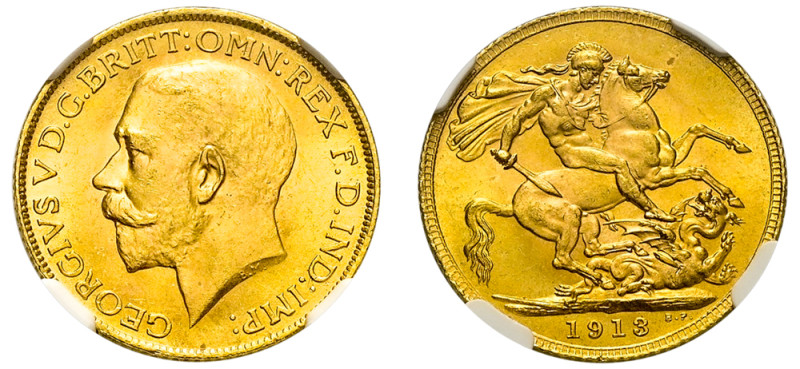 Great Britain, George V, 1910-1936. AV Sovereign, 1913, London mint, 22mm, AGW: ...